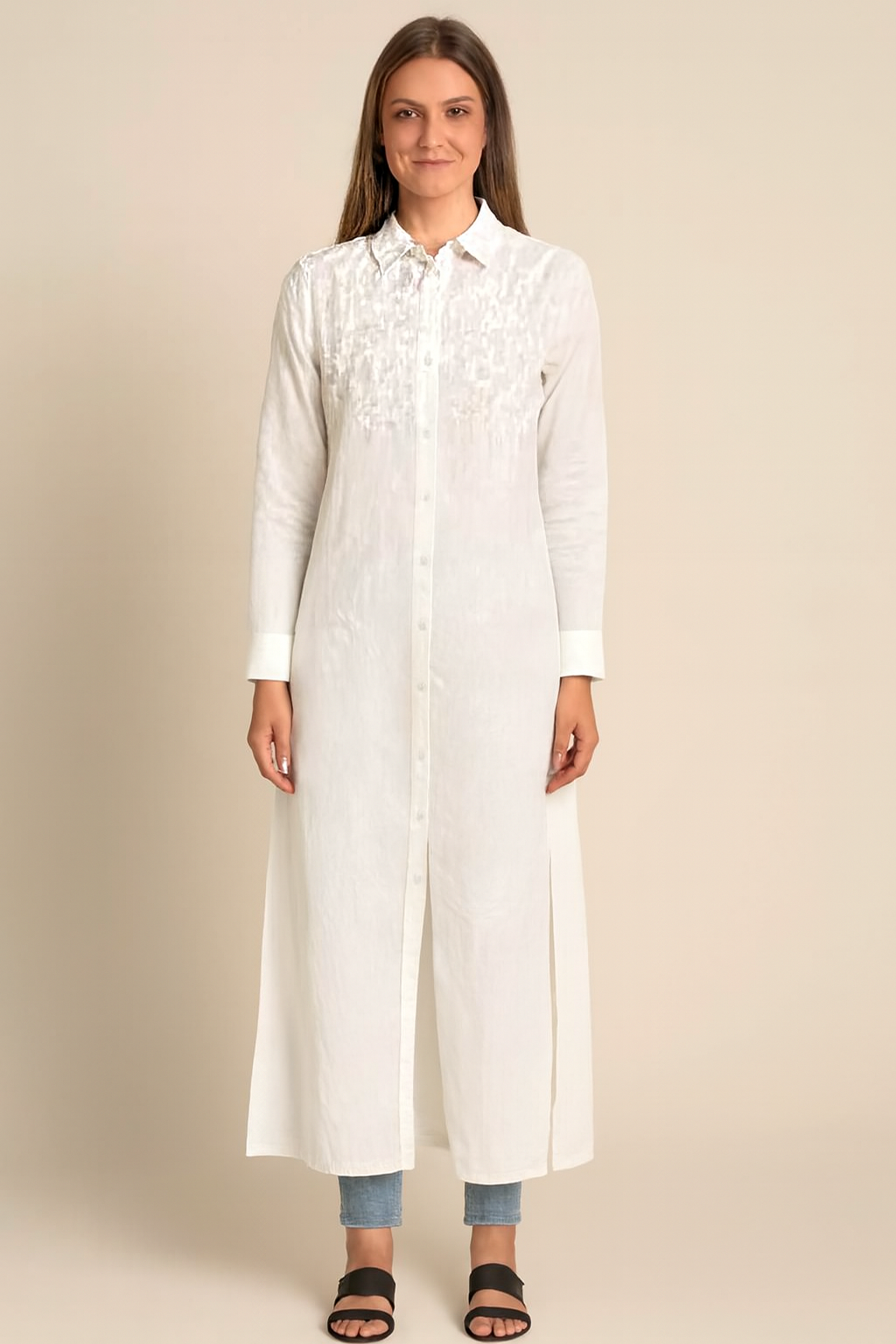 White 100% Cotton Long Shirt Dress | Button Down Front | Collared Neck | Full Sleeve | Loose Fit Kurti
