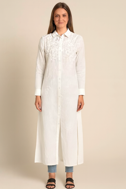 White 100% Cotton Long Shirt Dress | Button Down Front | Collared Neck | Full Sleeve | Loose Fit Kurti