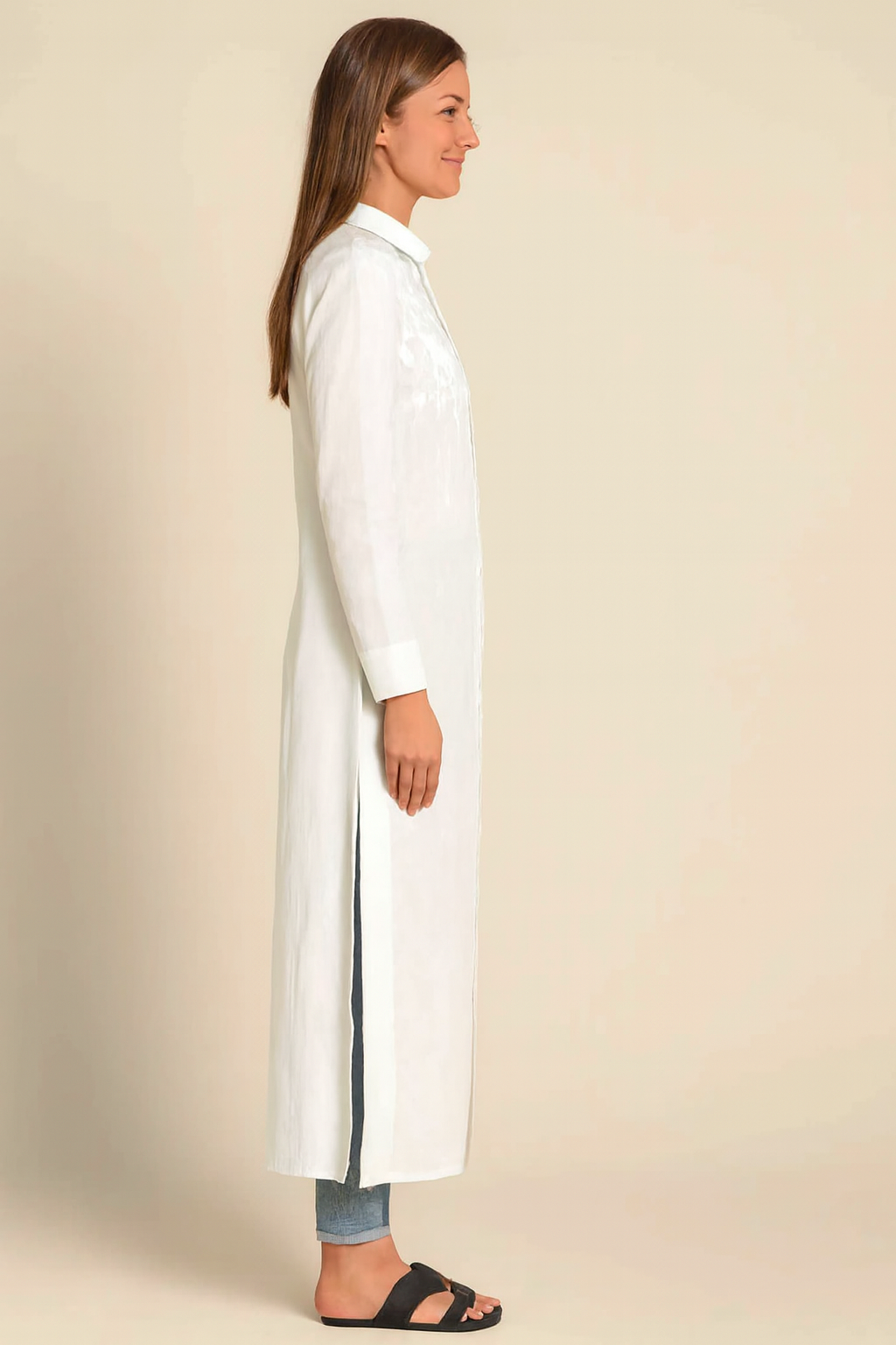 White 100% Cotton Long Shirt Dress | Button Down Front | Collared Neck | Full Sleeve | Loose Fit Kurti