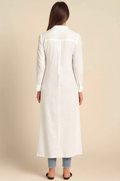 White 100% Cotton Long Shirt Dress | Button Down Front | Collared Neck | Full Sleeve | Loose Fit Kurti