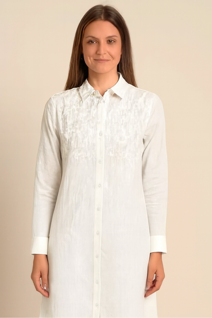 White 100% Cotton Long Shirt Dress | Button Down Front | Collared Neck | Full Sleeve | Loose Fit Kurti