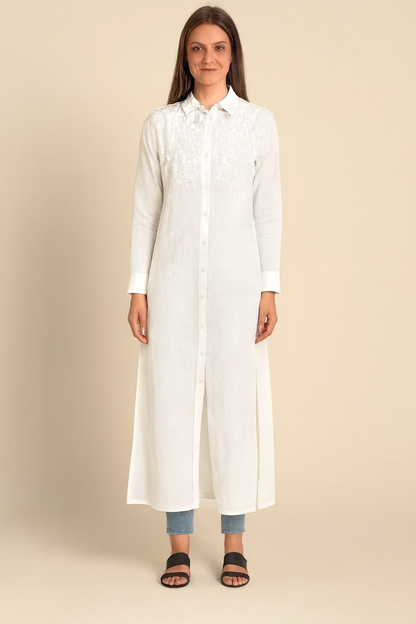 White 100% Cotton Long Shirt Dress | Button Down Front | Collared Neck | Full Sleeve | Loose Fit Kurti