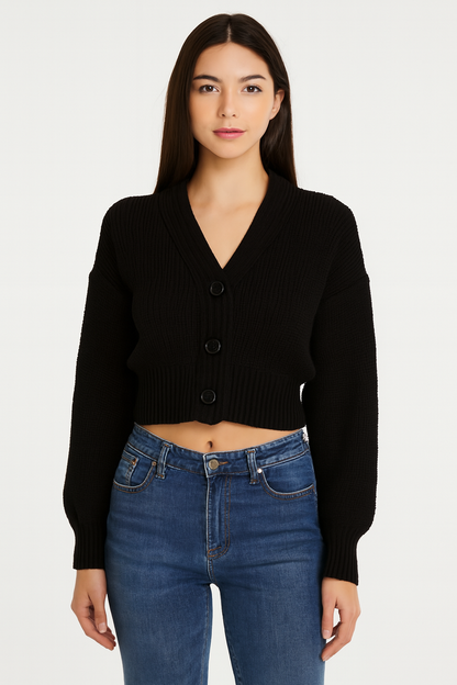 Acrylic Black Solid V-Neck Button-Down Cropped Cardigan