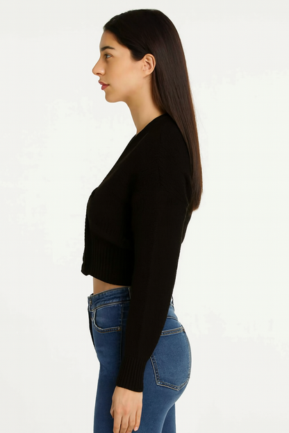 Acrylic Black Solid V-Neck Button-Down Cropped Cardigan