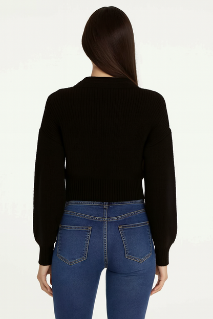 Acrylic Black Solid V-Neck Button-Down Cropped Cardigan