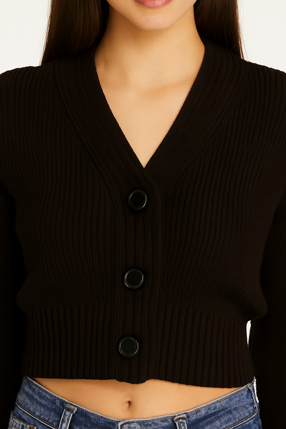 Acrylic Black Solid V-Neck Button-Down Cropped Cardigan