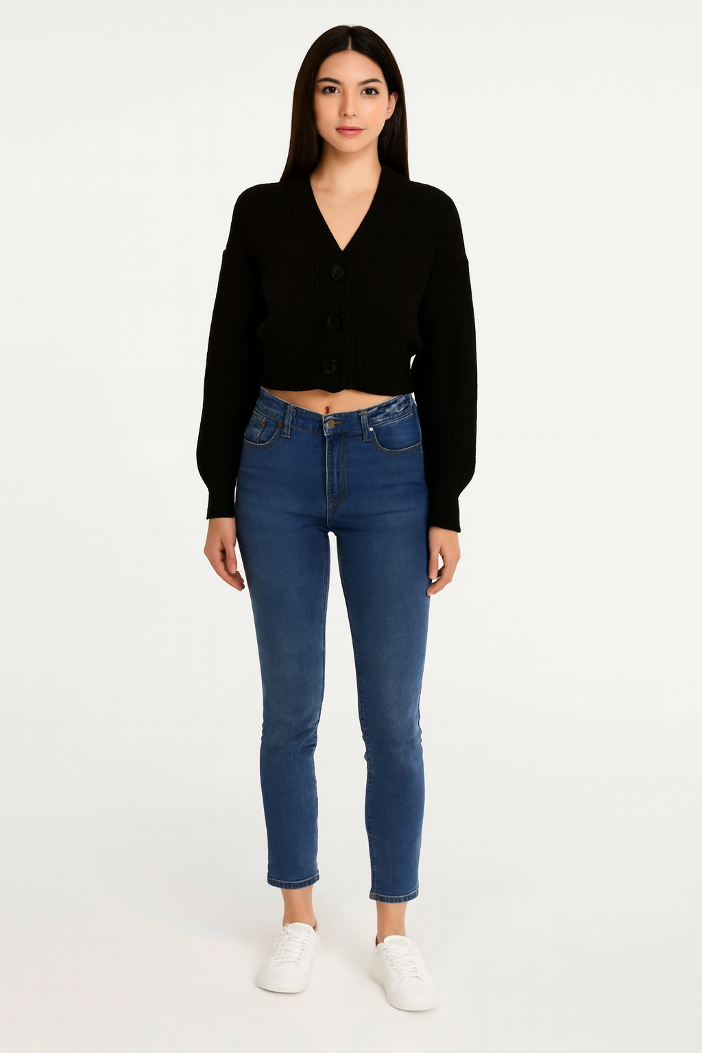 Acrylic Black Solid V-Neck Button-Down Cropped Cardigan