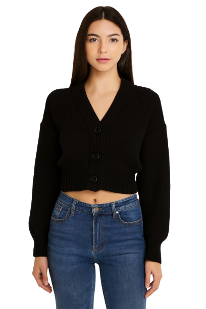 Acrylic Black Solid V-Neck Button-Down Cropped Cardigan