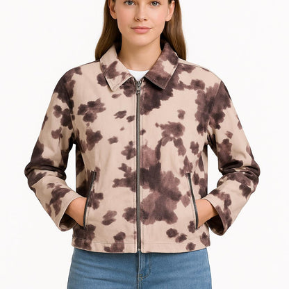 100% Cotton Tie-Dye Zip-Up Jacket – Beige Mix of Black & Brown Casual Long Sleeve Lightweight Outerwear with Pockets