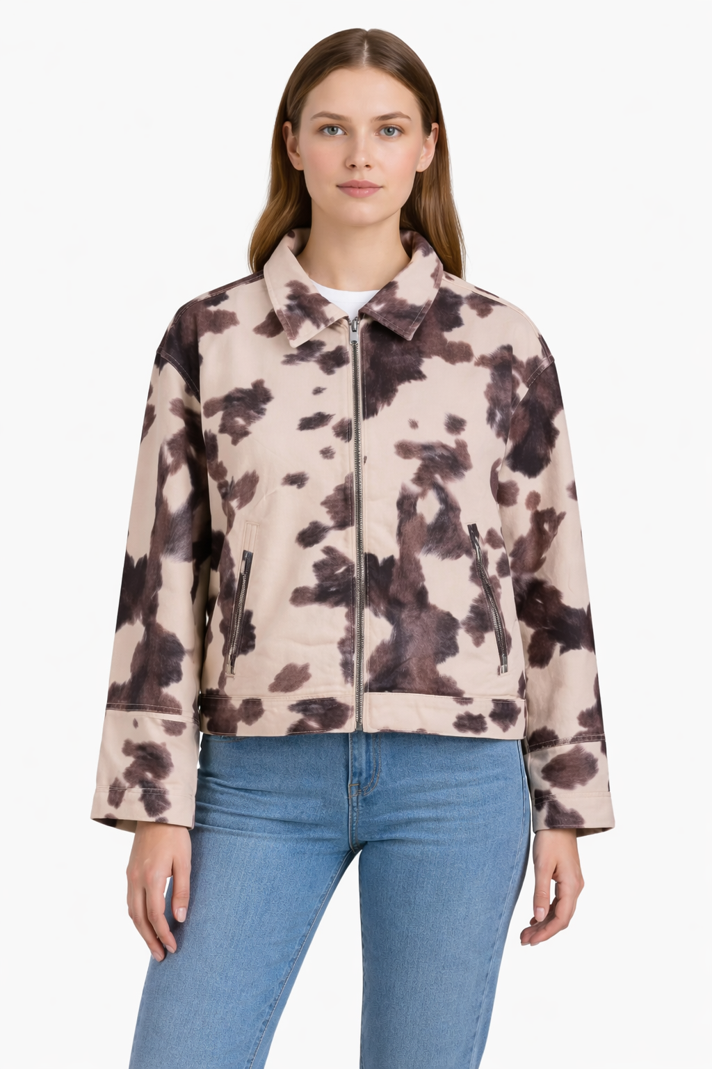 100% Cotton Tie-Dye Zip-Up Jacket – Beige Mix of Black & Brown Casual Long Sleeve Lightweight Outerwear with Pockets