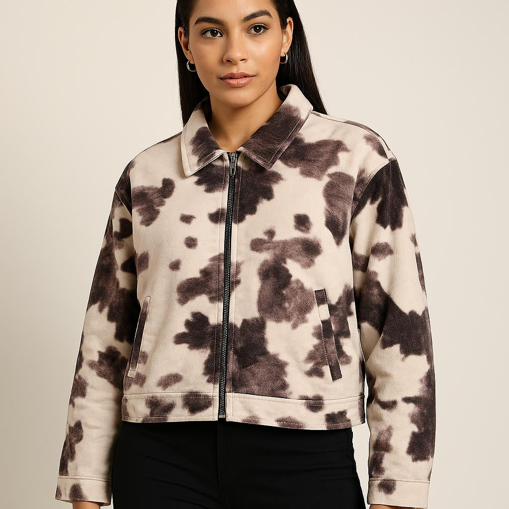 100% Cotton Tie-Dye Zip-Up Jacket – Beige Mix of Black & Brown Casual Long Sleeve Lightweight Outerwear with Pockets