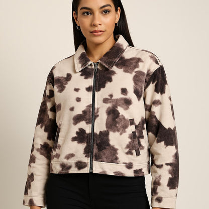 100% Cotton Tie-Dye Zip-Up Jacket – Beige Mix of Black & Brown Casual Long Sleeve Lightweight Outerwear with Pockets