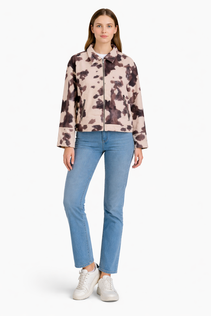 100% Cotton Tie-Dye Zip-Up Jacket – Beige Mix of Black & Brown Casual Long Sleeve Lightweight Outerwear with Pockets