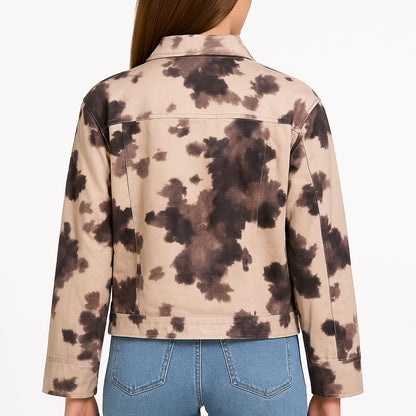 100% Cotton Tie-Dye Zip-Up Jacket – Beige Mix of Black & Brown Casual Long Sleeve Lightweight Outerwear with Pockets