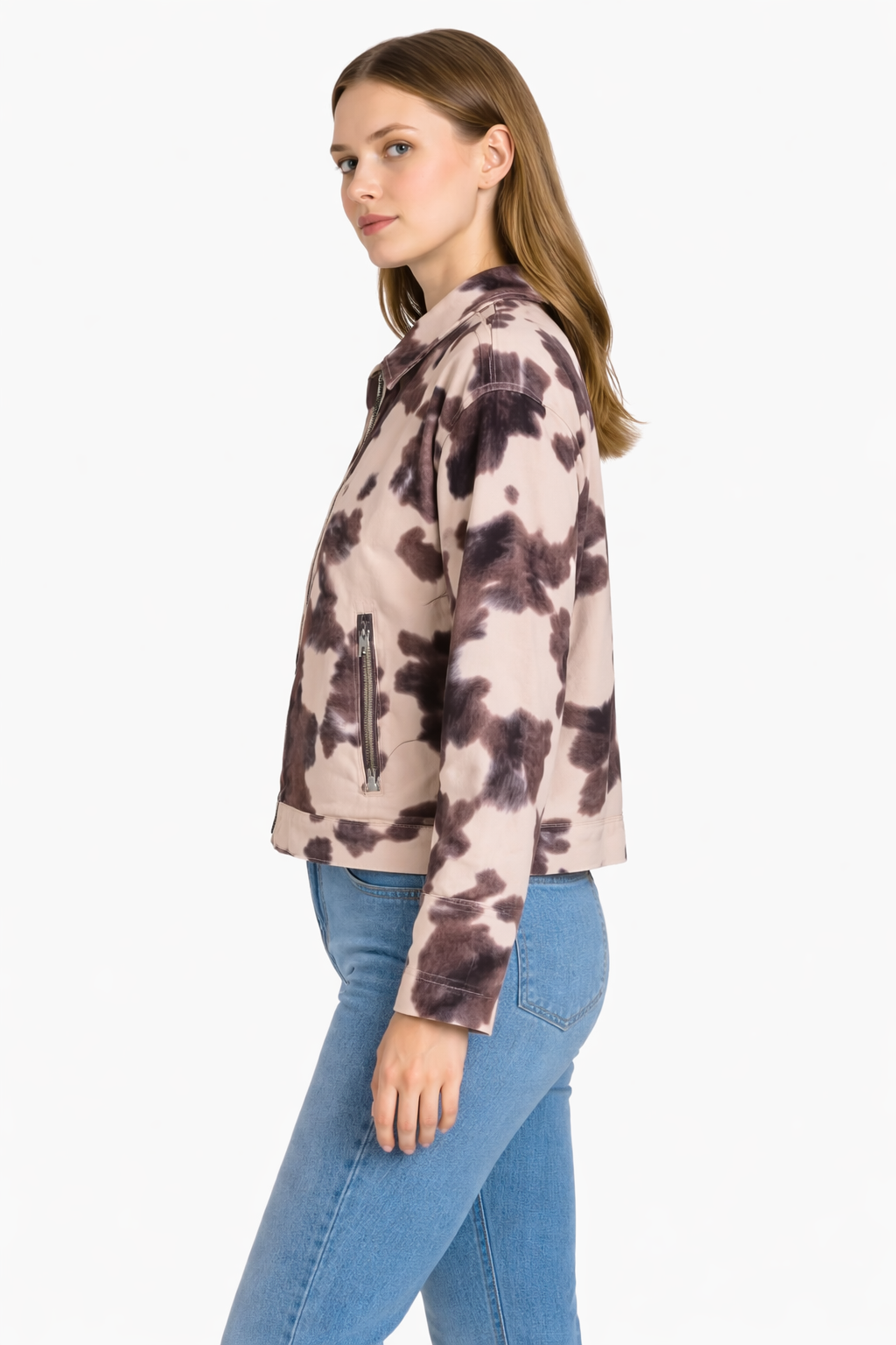 100% Cotton Tie-Dye Zip-Up Jacket – Beige Mix of Black & Brown Casual Long Sleeve Lightweight Outerwear with Pockets