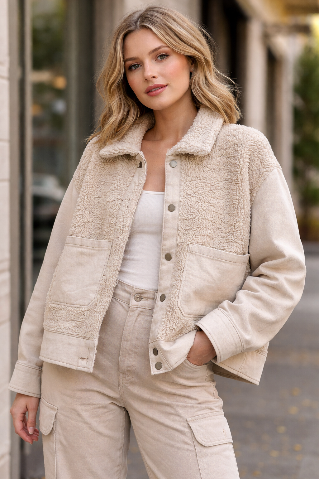 Dark Cream Loose Fit Jacket with Pockets | Cotton Blend Casual Outerwear
