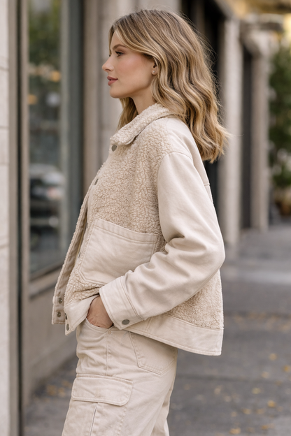 Dark Cream Loose Fit Jacket with Pockets | Cotton Blend Casual Outerwear