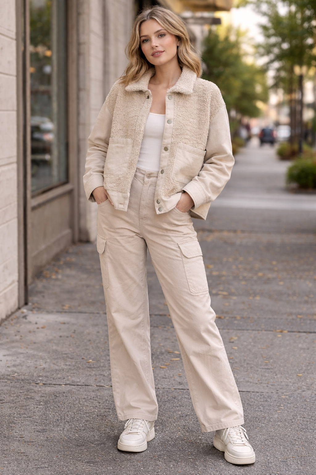 Dark Cream Loose Fit Jacket with Pockets | Cotton Blend Casual Outerwear