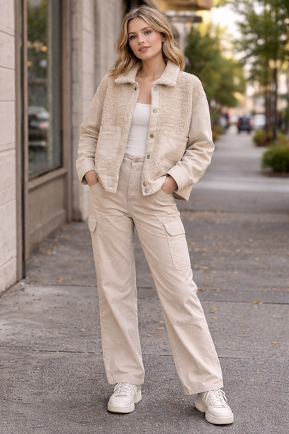 Dark Cream Loose Fit Jacket with Pockets | Cotton Blend Casual Outerwear