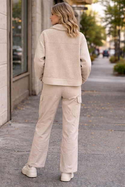 Dark Cream Loose Fit Jacket with Pockets | Cotton Blend Casual Outerwear