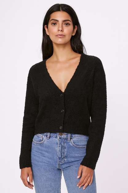 Black V-Neck Button-Down Cropped Cardigan | Full Sleeves | Soft Polyamide Knit