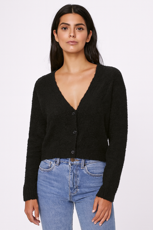 Black V-Neck Button-Down Cropped Cardigan | Full Sleeves | Soft Polyamide Knit