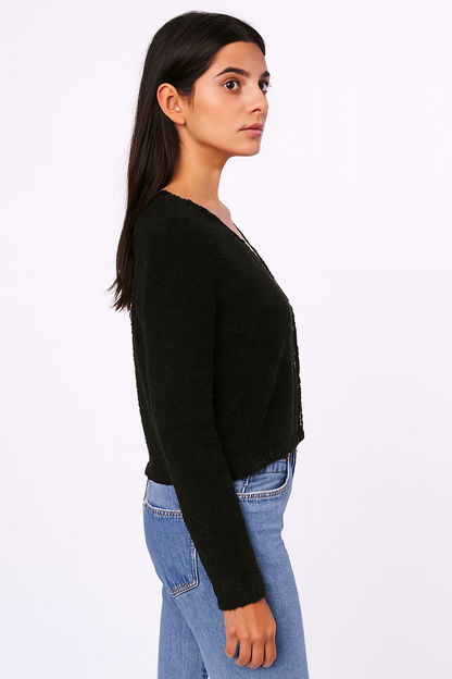 Black V-Neck Button-Down Cropped Cardigan | Full Sleeves | Soft Polyamide Knit