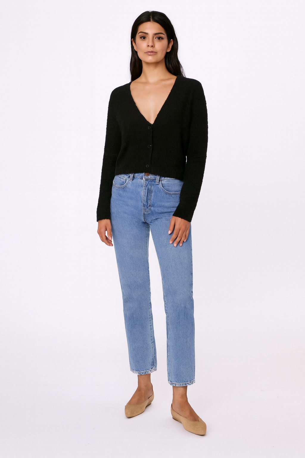 Black V-Neck Button-Down Cropped Cardigan | Full Sleeves | Soft Polyamide Knit