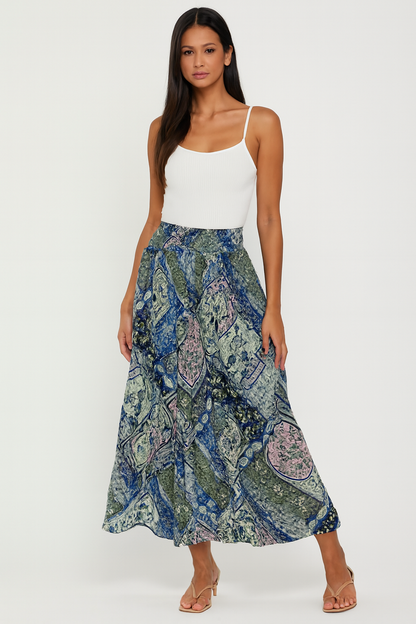 Multicolour Rayon Printed Flared Maxi Skirt with Inner | Stretchable Waist | Casual Wear