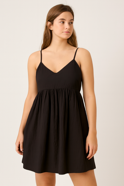Black Sleeveless Cotton A-Line Dress with Side Pockets | Loose Fit Casual Wear