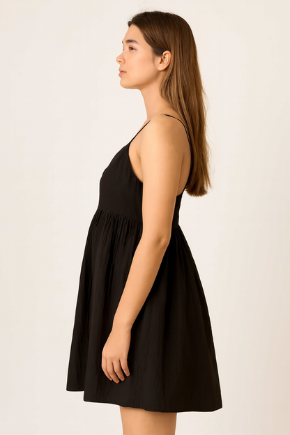 Black Sleeveless Cotton A-Line Dress with Side Pockets | Loose Fit Casual Wear
