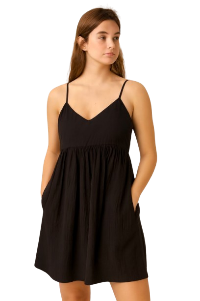 Black Sleeveless Cotton A-Line Dress with Side Pockets | Loose Fit Casual Wear