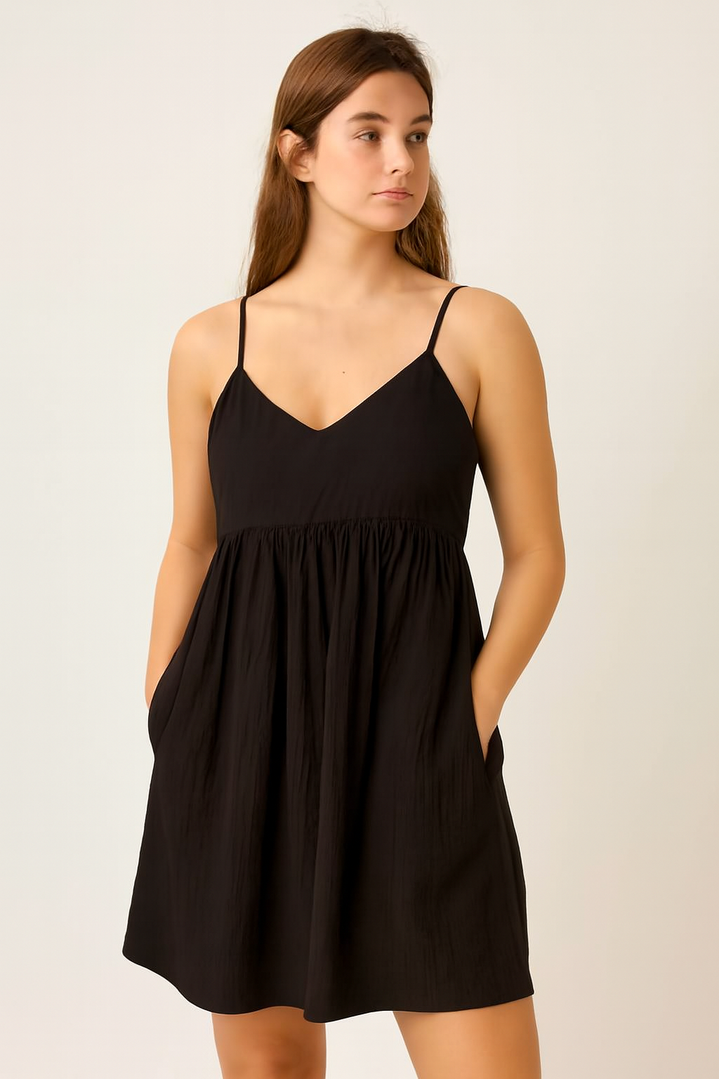 Black Sleeveless Cotton A-Line Dress with Side Pockets | Loose Fit Casual Wear