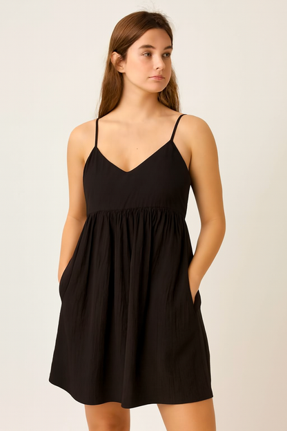 Black Sleeveless Cotton A-Line Dress with Side Pockets | Loose Fit Casual Wear