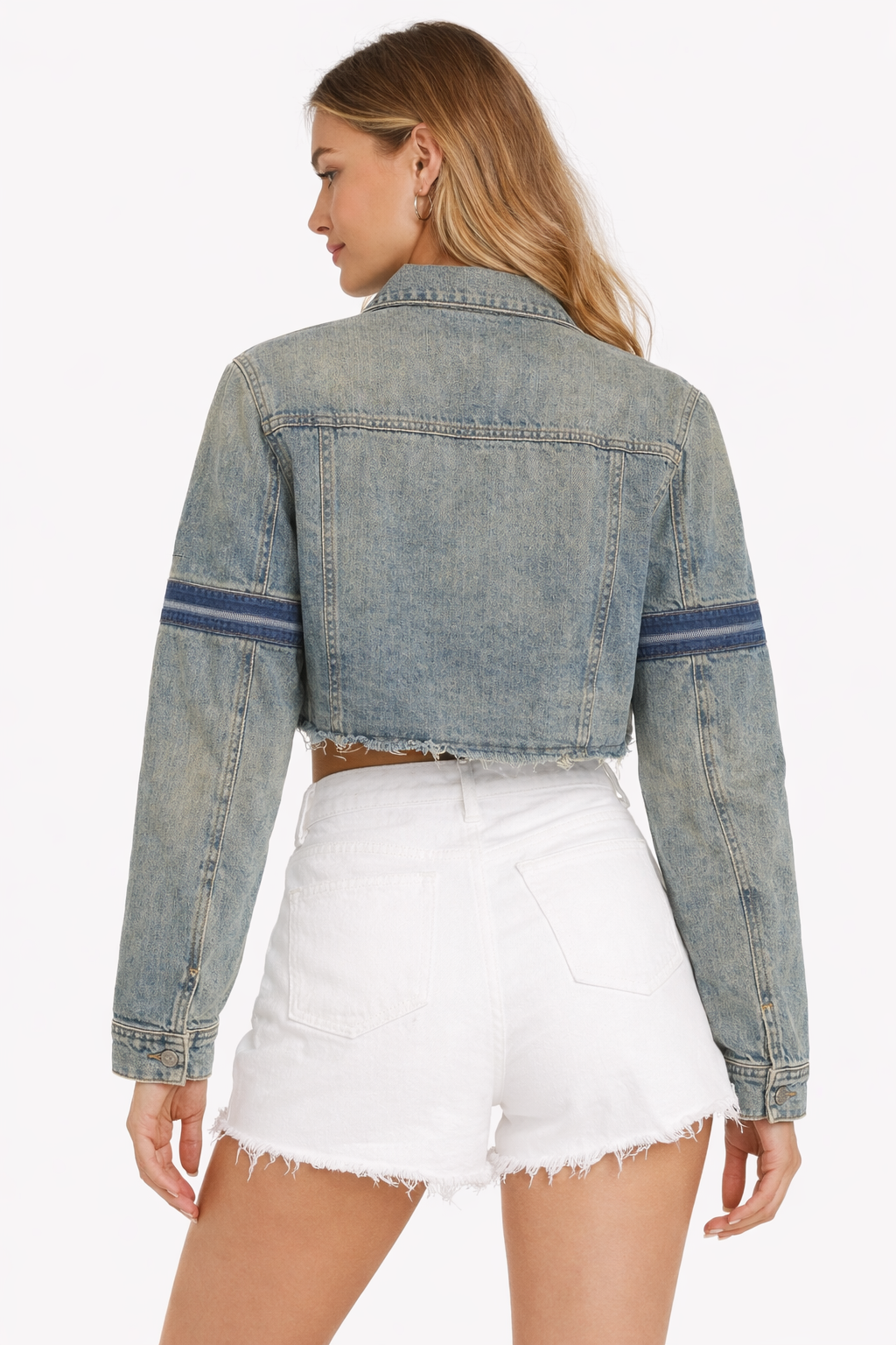 Blue Washed Cropped Denim Jacket with 4 Pockets | Cotton Stretch Denim Jacket