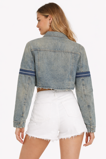 Blue Washed Cropped Denim Jacket with 4 Pockets | Cotton Stretch Denim Jacket