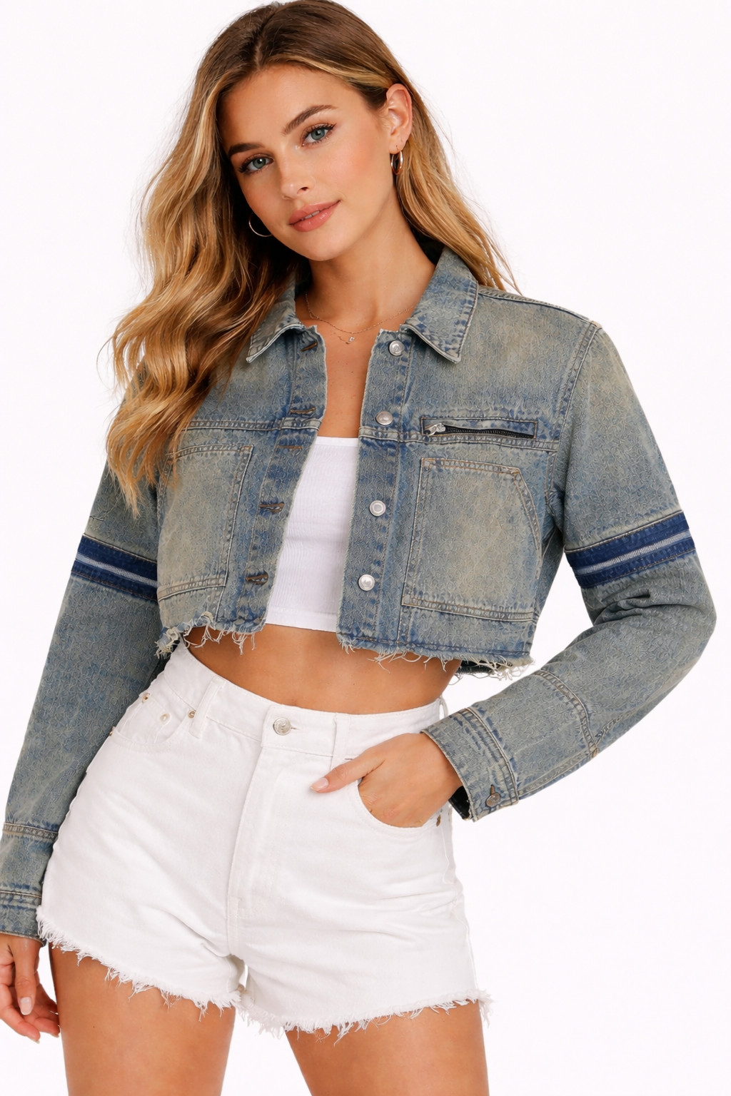 Blue Washed Cropped Denim Jacket with 4 Pockets | Cotton Stretch Denim Jacket