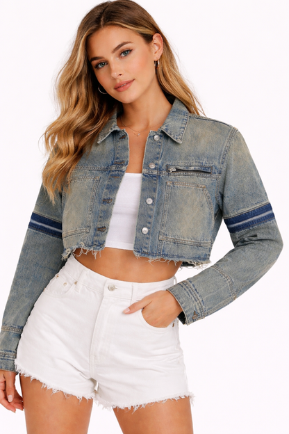 Blue Washed Cropped Denim Jacket with 4 Pockets | Cotton Stretch Denim Jacket