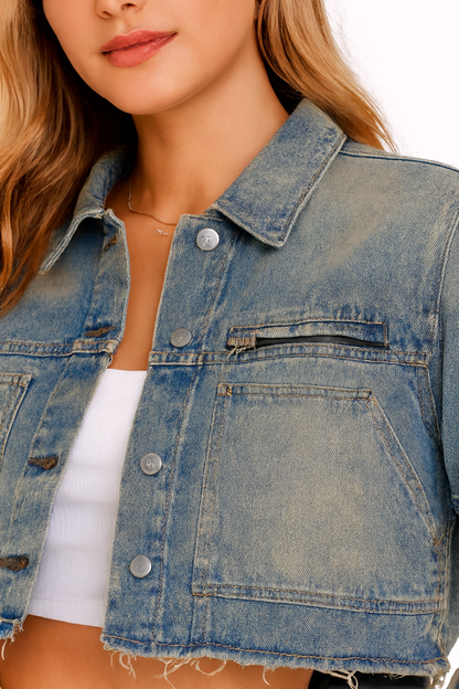 Blue Washed Cropped Denim Jacket with 4 Pockets | Cotton Stretch Denim Jacket
