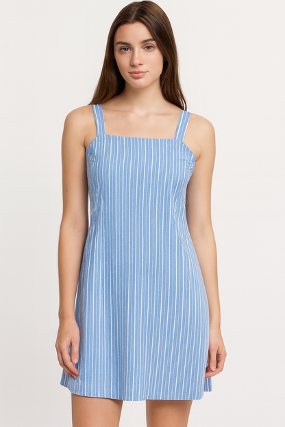 Blue Striped Sleeveless Cotton Shift Dress with Side Pockets | Casual Summer & Beach Wear