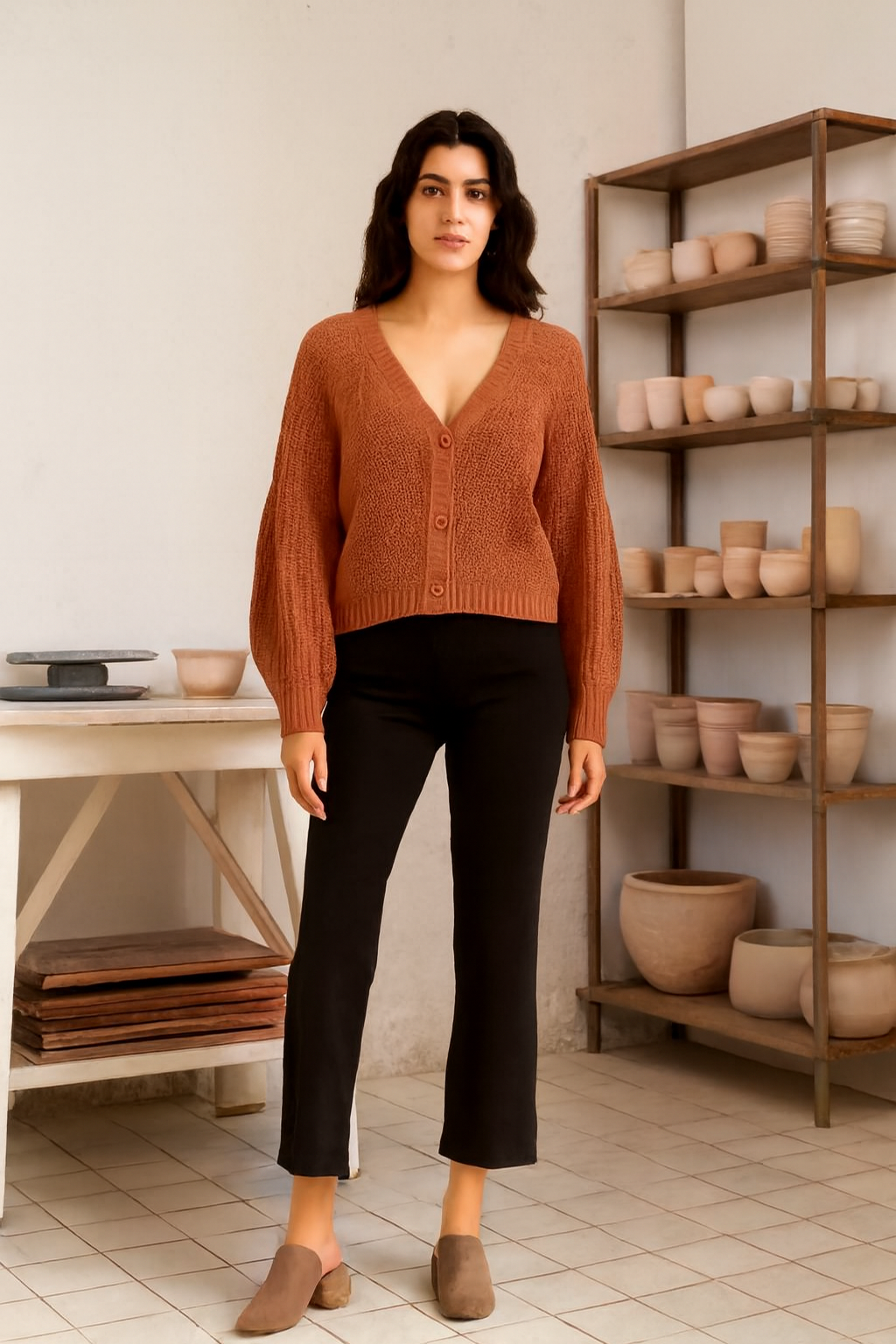 Orange V-Neck Button-Down Cardigan | Drop Shoulder Acrylic Knit Sweater | Full Sleeve Winter Cardigan