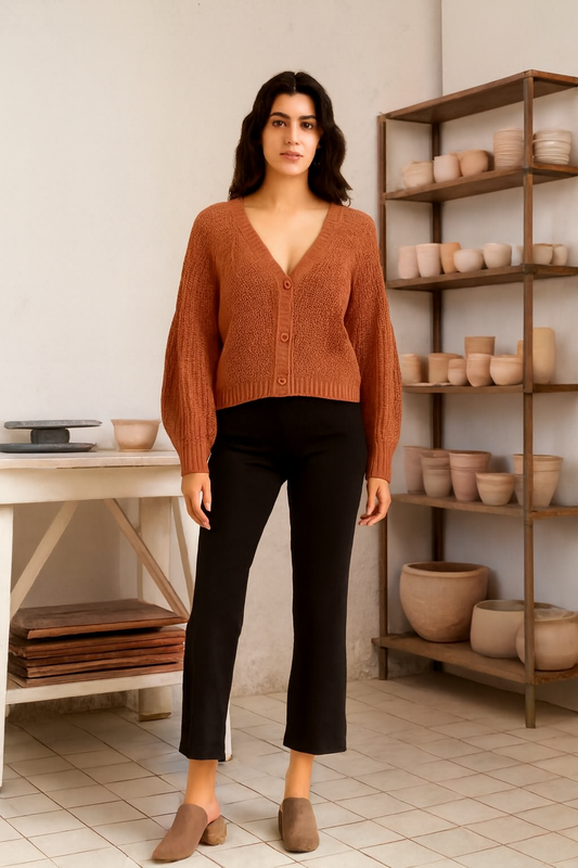 Orange V-Neck Button-Down Cardigan | Drop Shoulder Acrylic Knit Sweater | Full Sleeve Winter Cardigan