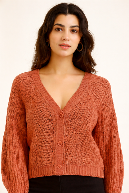 Orange V-Neck Button-Down Cardigan | Drop Shoulder Acrylic Knit Sweater | Full Sleeve Winter Cardigan
