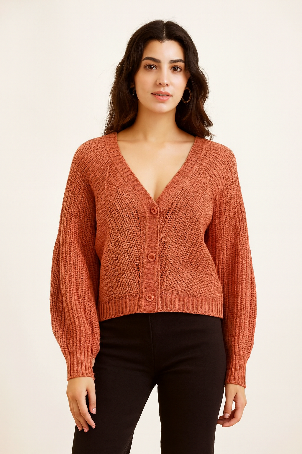 Orange V-Neck Button-Down Cardigan | Drop Shoulder Acrylic Knit Sweater | Full Sleeve Winter Cardigan