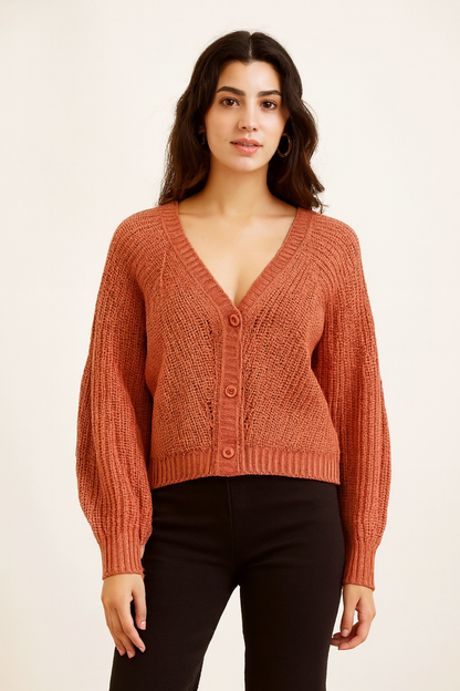 Orange V-Neck Button-Down Cardigan | Drop Shoulder Acrylic Knit Sweater | Full Sleeve Winter Cardigan