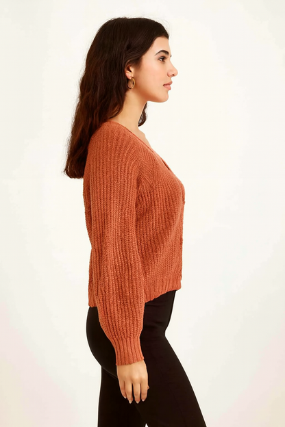 Orange V-Neck Button-Down Cardigan | Drop Shoulder Acrylic Knit Sweater | Full Sleeve Winter Cardigan