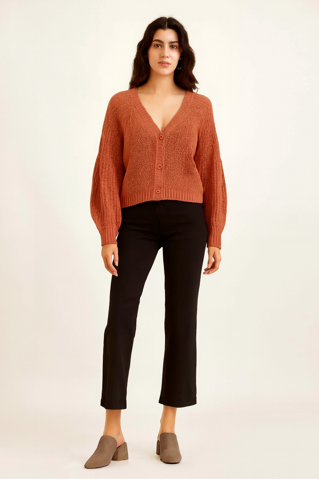 Orange V-Neck Button-Down Cardigan | Drop Shoulder Acrylic Knit Sweater | Full Sleeve Winter Cardigan