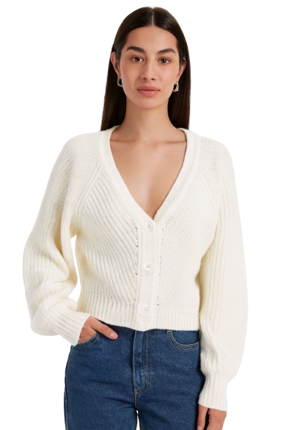 White V-Neck Button-Down Cardigan | Drop Shoulder Acrylic Knit Sweater | Full Sleeve Winter Cardigan