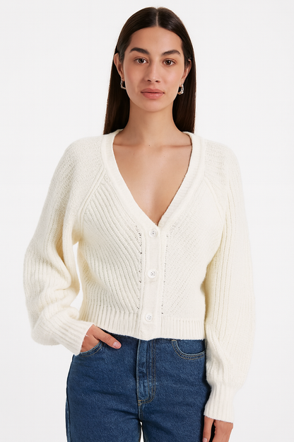 White V-Neck Button-Down Cardigan | Drop Shoulder Acrylic Knit Sweater | Full Sleeve Winter Cardigan