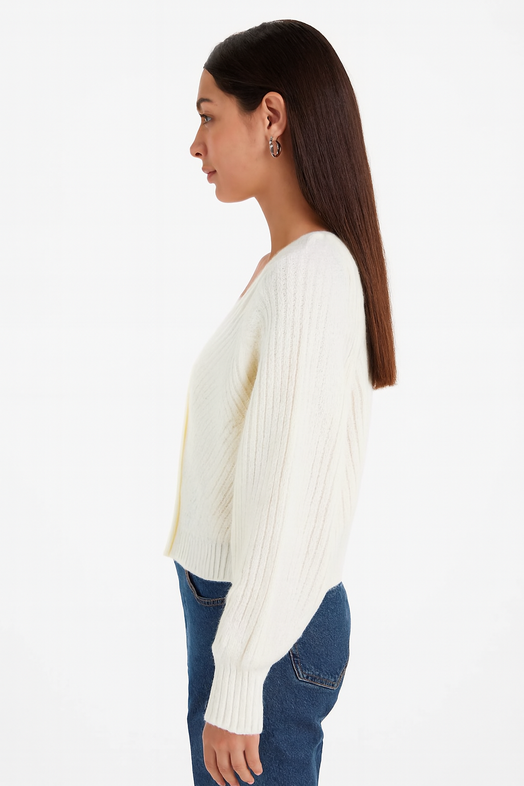 White V-Neck Button-Down Cardigan | Drop Shoulder Acrylic Knit Sweater | Full Sleeve Winter Cardigan